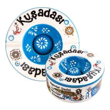 Kuşadası Temalı Yöresel Seramik Kapaklı Küçük Küllük 110 Mm