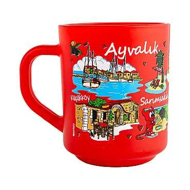 Ayvalık Bölgesi Temalı Myros Boyalı Oval Cam Kupa