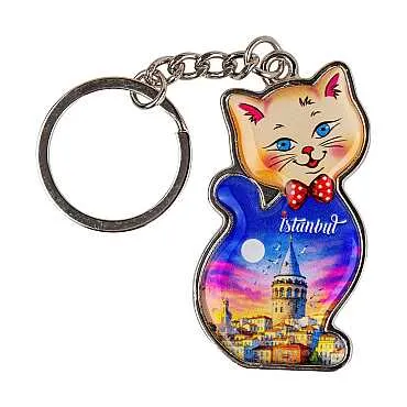 İstanbul Temalı Kedi Şekilli Metal Anahtarlık - 15