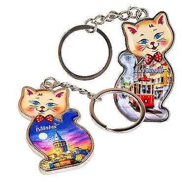 İstanbul Temalı Kedi Şekilli Metal Anahtarlık - 2