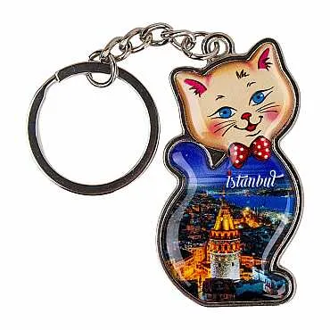 İstanbul Temalı Kedi Şekilli Metal Anahtarlık - 7