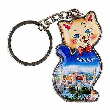 İstanbul Temalı Kedi Şekilli Metal Anahtarlık - 13
