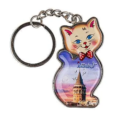 İstanbul Temalı Kedi Şekilli Metal Anahtarlık - 14