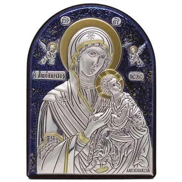 Virgin Mary With Angles Silver Laminated Blue Hand And Golden Decoration With Swarowski Stone Icon 85x65 Mm