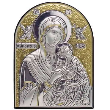 Virgin Mary With Angels Silver Laminated Golden Decoration With Swarowski Stone Icon 110x80 Mm