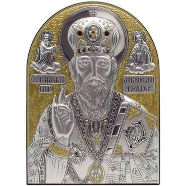 St. Nicholas Icon With Bi-Laminated Silver Plaque, Golden Decoration, Swarowski Stone Icond Crystals And Wooden Back 190x140 mm
