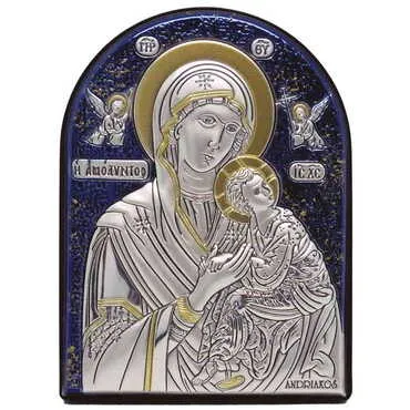 Virgin Mary Amolindos ( Virgin Mary With Angels) Icon With Bi-Laminated Silver Plaque, Golden And Blue Decoration Swarowski Stone Icond Crystals And Wooden Back
