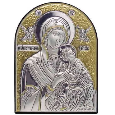 Virgin Mary Amolindos ( Virgin Mary With Angels) Icon With Bi-Laminated Silver Plaque, Golden Decoration Swarowski Stone Icond Crystals And Wooden Back 190x140 mm - Standart