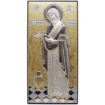 Silver Virgin Mary Gerontissa With Bi-Laminated Silver Plaque, Golden Decoration, Swarowski Stoned Crystals And Wooden Icon 40x70 mm