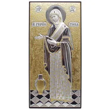 Silver Virgin Mary Gerontissa With Bi-Laminated Silver Plaque, Golden Decoration, Swarowski Stoned Crystals And Wooden Icon 90x170 mm - Standart
