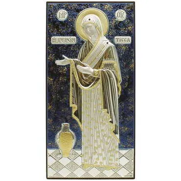 Silver Virgin Mary Gerontissa With Bi-Laminated Silver Plaque, Golden And Blue Decoration, Swarowski Stoned Crystals And Wooden Icon 120x230 mm - Standart