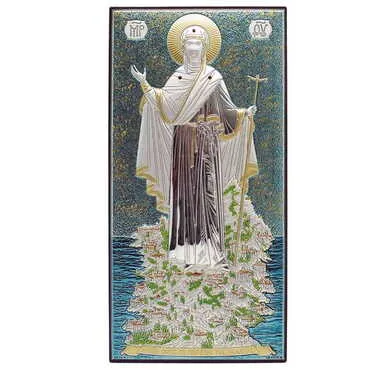 Virgin Mary Mt. Athos With Bi-Laminated Silver Plaque, Golden And Blue Decoration, Swarowski Stoned Crystals And Wooden Icon 150x280 mm