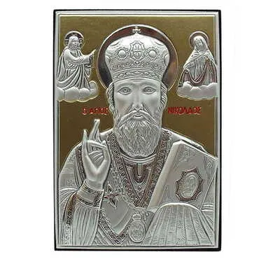 Toptan Gümüş Üzeri Altın Dekorlu Aziz Nikolaos İkonası (100 x 150 mm)