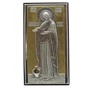 Virgin Mary Gerontissa With Bi-Laminated Silver Plaque, Golden Decoration And Wooden Icon 70x120 mm
