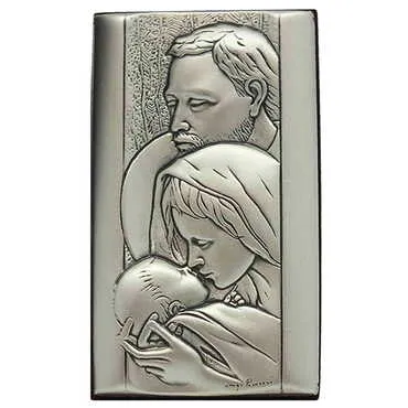 Holy Family With Bi-Laminated Silver Plaque, Golden Decoration And Wooden Icon 40x70 mm