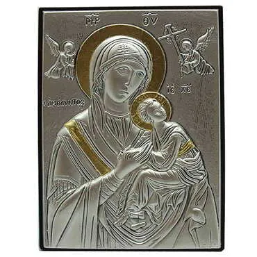 Virgin Mary Amolindos ( Virgin Mary With Angels) With Bi-Laminated Silver Plaque, Golden Decoration And Wooden Icon 70x100 mm