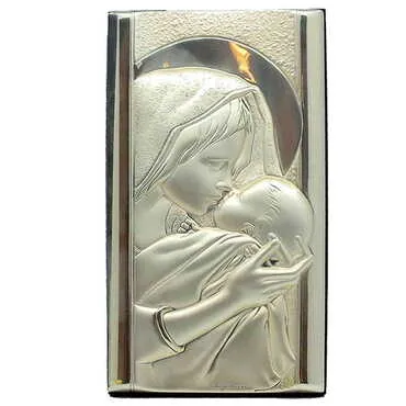 Virgin Mary And Baby Jesus With Bi-Laminated Silver Plaque And Wooden Icon 90x160 mm