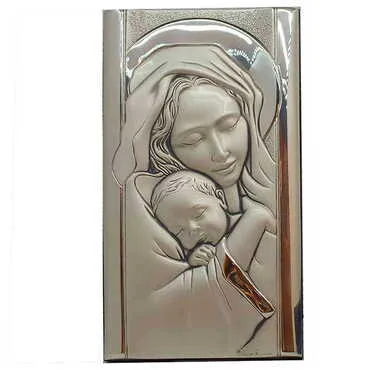 Virgin Mary And Baby Jesus With Bi-Laminated Silver Plaque And Wooden Icon 120x230 mm