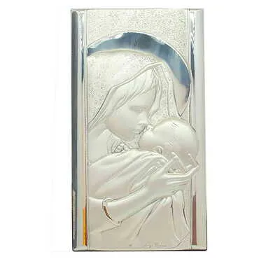 Virgin Mary And Baby Jesus With Bi-Laminated Silver Plaque And Wooden Icon 120x230 mm