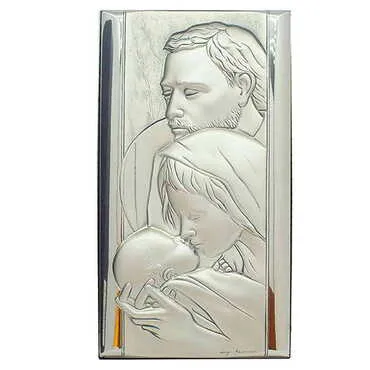 Holy Family With Bi-Laminated Silver Plaque, Golden Decoration And Wooden Icon 120x230 mm