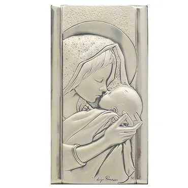 Virgin Mary And Baby Jesus With Bi-Laminated Silver Plaque And Wooden Icon 70x120 mm