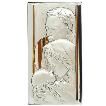 Holy Family With Bi-Laminated Silver Plaque, Golden Decoration And Wooden Icon 70x120 mm