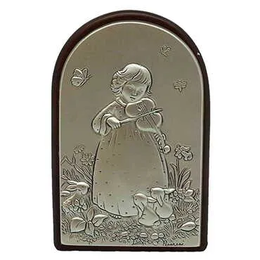 Little Girl Playing The Violin Figure With Bi-Laminated Silver Plaque And Wooden Back Desktop Decor 40x60 mm