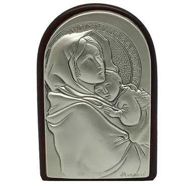 Virgin Mary And Baby Jesus Icon With Bi-Laminated Silver Plaque And Wooden Icon 40x60 mm