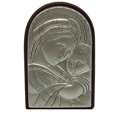 Virgin Mary And Baby Jesus Icon With Bi-Laminated Silver Plaque And Wooden Icon 40x60 mm