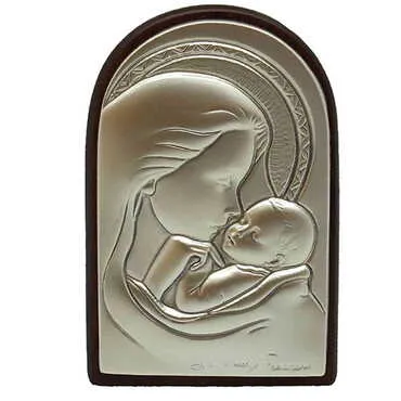 Virgin Mary And Baby Jesus Icon With Bi-Laminated Silver Plaque And Wooden Icon 40x60 mm