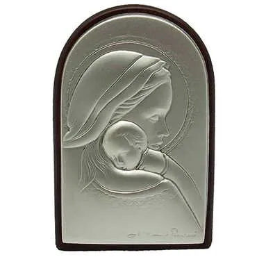 Virgin Mary And Baby Jesus Icon With Bi-Laminated Silver Plaque And Wooden Icon 40x60 mm