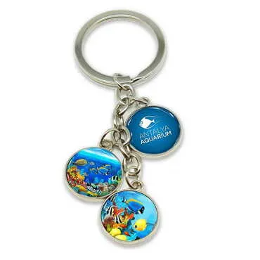 Aquapark Themed Metal Keychain With 3 Charms - Round 40x90 mm