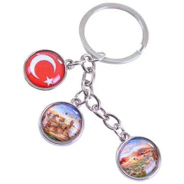 City Themed Metal Keychain With 3 Charms - Round 40x90 mm - Standart - 4