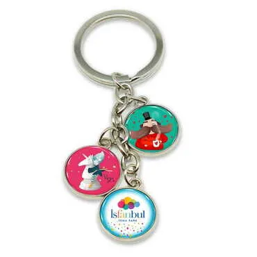 Theme Park Themed Metal Keychain With 3 Charms - Round 40x90 mm