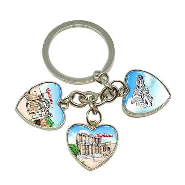 Museum Themed Metal Keychain With 3 Charms - Heart 40x85 mm