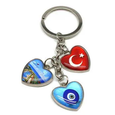 Hotel Themed Metal Keychain With 3 Charms - Heart 40x85 mm - Standart - 2