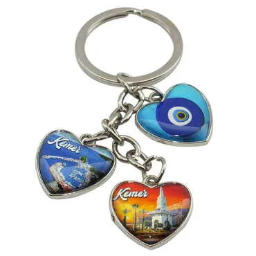 City Themed Metal Keychain With 3 Charms - Heart 40x85 mm - Standart - 4