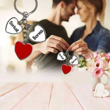 Sweetheart Themed Metal Keychain With 3 Charms - Heart 40x85 mm - Standart
