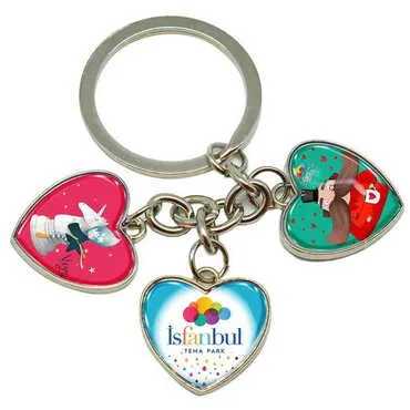 Theme Park Themed Metal Keychain With 3 Charms - Heart 40x85 mm