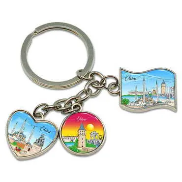 City Themed Metal Keychain With 3 Charms - Mixed 40x90 mm - Standart - 3