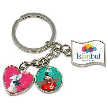 Theme Park Themed Metal Keychain With 3 Charms - Mixed 40x90 mm