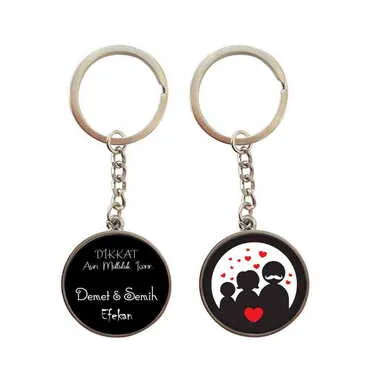 Family Themed Metal Double Face Round Keychain 40x95 mm