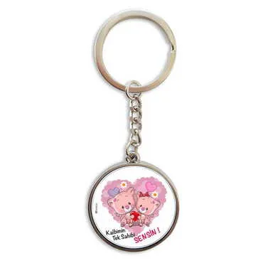 Sweetheart Themed Metal Double Face Round Keychain 40x95 mm