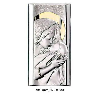 Virgin Mary And Baby Jesus With Bi-Laminated Silver Plaque, Golden Decoration And Wooden Icon 320x170 mm