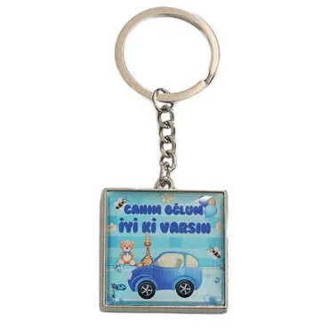 Son Themed Metal Square Shaped Double Face Keychain 36x95 mm
