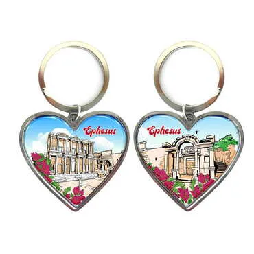 Ephesus Themed Metal Heart ShapedDouble Face Keychain 45x90 mm