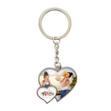 Mom Themed Metal Double Heart Shaped Keychain 40x94 mm