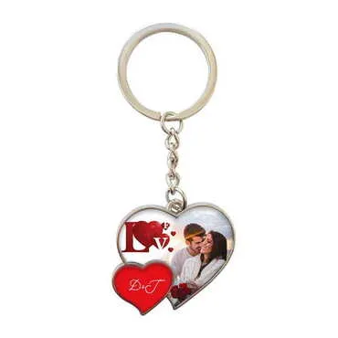 Sweetheart Themed Metal Double Heart Shaped Keychain 40x94 mm