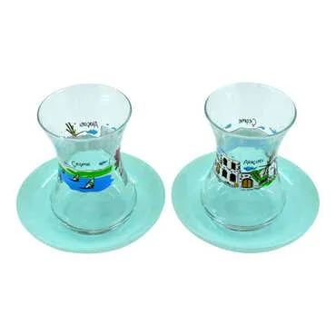 Alacati Region Themed Custom Printed Turkish Tea Glass Set Of 2 Pcs