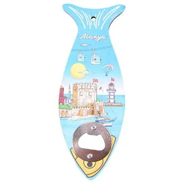 Alanya Themed Fish Shaped Printed MDF Wooden Bottle Opener 190x70 mm
